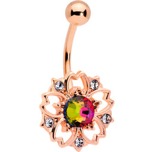 Load image into Gallery viewer, Dark Aurora Gem Rose Gold Tone Filigree Flower Belly Ring
