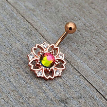Load image into Gallery viewer, Dark Aurora Gem Rose Gold Tone Filigree Flower Belly Ring
