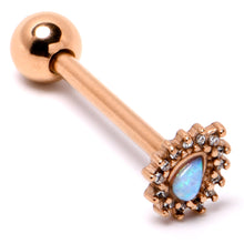 Load image into Gallery viewer, White Synthetic Opal Rose Gold Tone Drop Barbell Tongue Ring
