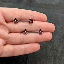 Load image into Gallery viewer, 14G 9/16 Aurora Gem Poinsettia Flower Barbell Nipple Ring Set
