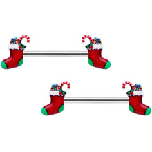 Load image into Gallery viewer, 14G 9/16 Cheery Christmas Stocking Red Barbell Nipple Ring Set

