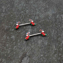 Load image into Gallery viewer, 14G 9/16 Cheery Christmas Stocking Red Barbell Nipple Ring Set
