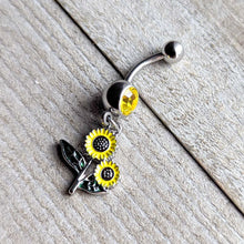 将图片加载到图库查看器，Yellow Gem Cheery Inlay Sunflowers Dangle Belly Ring
