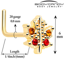 Load image into Gallery viewer, 20G 7mm Red Yellow Gem Gold Tone Maple Leaf L Shape Nose Ring
