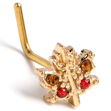 Load image into Gallery viewer, 20G 7mm Red Yellow Gem Gold Tone Maple Leaf L Shape Nose Ring
