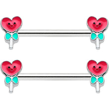 Load image into Gallery viewer, 14G 9/16 Sweet Happy Heart Lollipop Barbell Nipple Ring Set
