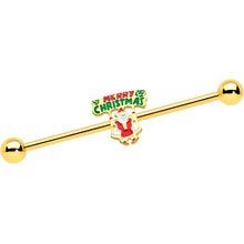 Load image into Gallery viewer, 14G Gold Hue Merry Christmas Santa Inlaid Industrial Barbell 38mm

