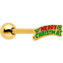 Load image into Gallery viewer, Gold Tone Merry Christmas Inlaid Red Green Barbell Tongue Ring
