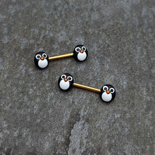 Load image into Gallery viewer, 14G 9/16 Gold Tone Round Penguin Face Barbell Nipple Ring Set
