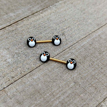 Load image into Gallery viewer, 14G 9/16 Gold Tone Round Penguin Face Barbell Nipple Ring Set
