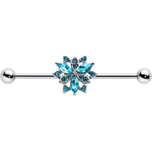 Load image into Gallery viewer, 14G Blue CZ Gem Ornate Snowflake Industrial Barbell 38mm
