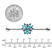 Load image into Gallery viewer, 14G Blue CZ Gem Ornate Snowflake Industrial Barbell 38mm
