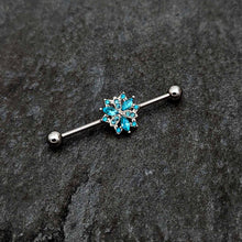 Load image into Gallery viewer, 14G Blue CZ Gem Ornate Snowflake Industrial Barbell 38mm
