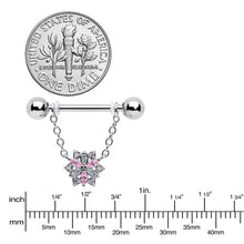 Load image into Gallery viewer, 14G 9/16 Pink Clear CZ Gem Snowflake Chain Dangle Nipple Ring Set
