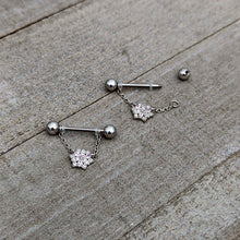 Load image into Gallery viewer, 14G 9/16 Pink Clear CZ Gem Snowflake Chain Dangle Nipple Ring Set
