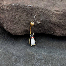 Load image into Gallery viewer, Clear Red Gem Gold Tone Bow Tie Penguin Holiday Belly Ring
