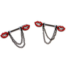 Load image into Gallery viewer, 14G 11/16 Black Vampire Fangs Chain Dangle Nipple Ring Set
