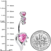 Load image into Gallery viewer, Pink CZ Gem Triple Drop Flare Heart Valentine Double Mount Belly Ring
