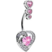 Load image into Gallery viewer, Pink CZ Gem Triple Drop Swirl Heart Valentine Double Mount Belly Ring

