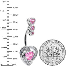 Load image into Gallery viewer, Pink CZ Gem Triple Drop Swirl Heart Valentine Double Mount Belly Ring
