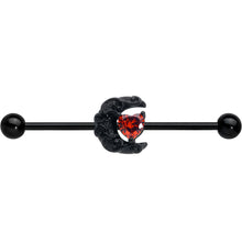 Load image into Gallery viewer, 14G Red CZ Gem Black Scroll Moon Heart Industrial Barbell 38mm
