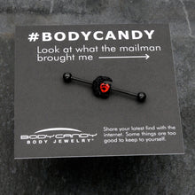 Load image into Gallery viewer, 14G Red CZ Gem Black Scroll Moon Heart Industrial Barbell 38mm
