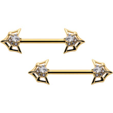 Load image into Gallery viewer, 14G 5/8 Clear Gem Gold Tone Spider Bat Barbell Nipple Ring Set
