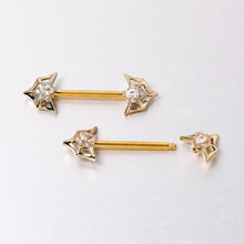 Load image into Gallery viewer, 14G 5/8 Clear Gem Gold Tone Spider Bat Barbell Nipple Ring Set
