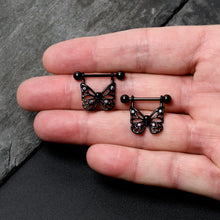 Load image into Gallery viewer, 14G 11/16 Purple CZ Gem Black Skull Butterfly Dangle Nipple Ring Set
