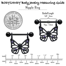 Load image into Gallery viewer, 14G 11/16 Purple CZ Gem Black Skull Butterfly Dangle Nipple Ring Set
