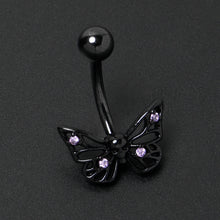 Load image into Gallery viewer, Purple CZ Gem Black Skull Butterfly Belly Ring
