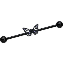 Load image into Gallery viewer, 14G Purple CZ Gem Black Skull Butterfly Industrial Barbell 38mm
