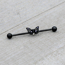 Load image into Gallery viewer, 14G Purple CZ Gem Black Skull Butterfly Industrial Barbell 38mm
