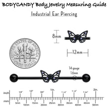 Load image into Gallery viewer, 14G Purple CZ Gem Black Skull Butterfly Industrial Barbell 38mm
