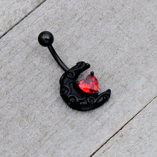将图片加载到图库查看器，Red CZ Gem Black Scroll Moon Heart Belly Ring
