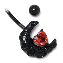 将图片加载到图库查看器，Red CZ Gem Black Scroll Moon Heart Belly Ring
