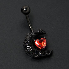将图片加载到图库查看器，Red CZ Gem Black Scroll Moon Heart Belly Ring
