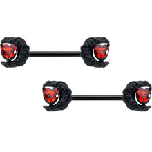Load image into Gallery viewer, 14G 9/16 Red CZ Gem Black Scroll Moon Heart Barbell Nipple Ring Set

