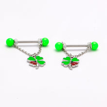 Load image into Gallery viewer, 14G 11/16 Ladybug Shamrock UV Glow Chain Dangle Nipple Ring Set
