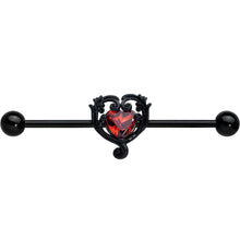将图片加载到图库查看器，14G Red CZ Gem Black Passion Heart Industrial Barbell 38mm

