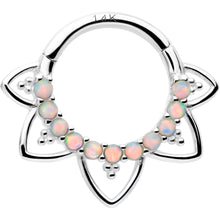 Load image into Gallery viewer, 16G 5/16 White Synthetic Opal 14k White Gold Filigree Hinged Segment Ring
