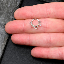 Load image into Gallery viewer, 16G 5/16 White Synthetic Opal 14k White Gold Filigree Hinged Segment Ring
