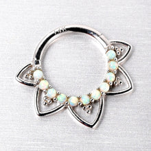 Load image into Gallery viewer, 16G 5/16 White Synthetic Opal 14k White Gold Filigree Hinged Segment Ring
