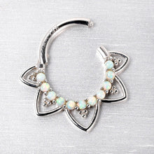 Load image into Gallery viewer, 16G 5/16 White Synthetic Opal 14k White Gold Filigree Hinged Segment Ring
