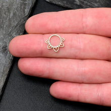 Load image into Gallery viewer, 16G 5/16 White Synthetic Opal 14k Yellow Gold Filigree Hinged Segment Ring
