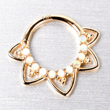Load image into Gallery viewer, 16G 5/16 White Synthetic Opal 14k Yellow Gold Filigree Hinged Segment Ring
