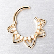 Load image into Gallery viewer, 16G 5/16 White Synthetic Opal 14k Yellow Gold Filigree Hinged Segment Ring

