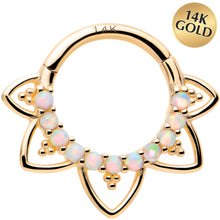 Load image into Gallery viewer, 16G 5/16 White Synthetic Opal 14k Yellow Gold Filigree Hinged Segment Ring
