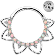 Load image into Gallery viewer, 16G 3/8 White Synthetic Opal 14k White Gold Filigree Hinged Segment Ring
