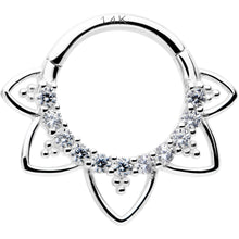 Load image into Gallery viewer, 16G 5/16 Clear CZ Gem 14k White Gold Filigree Hinged Segment Ring
